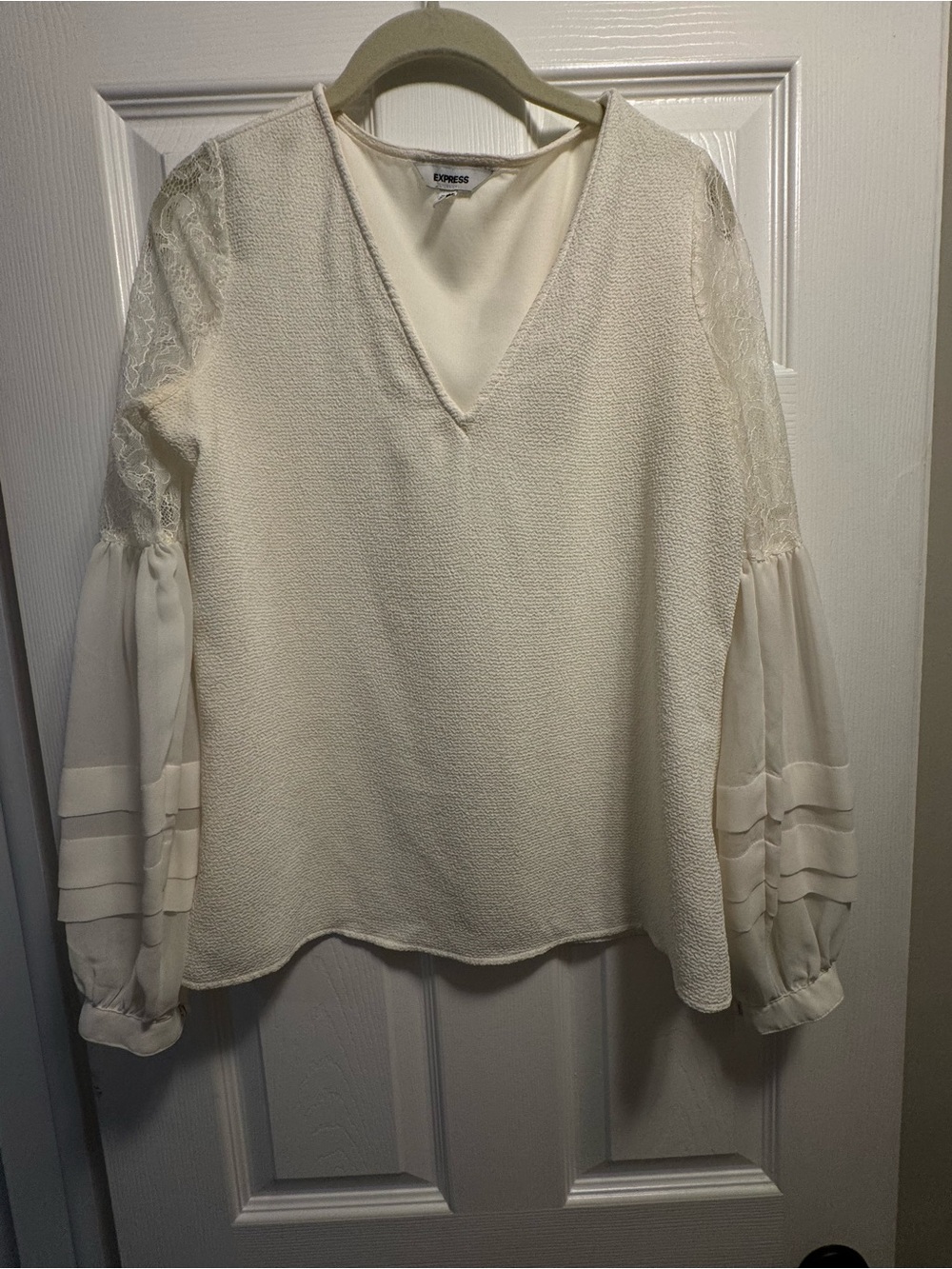 Express Cream V-Neck Mixed-Media Blouse with Lace Sleeves